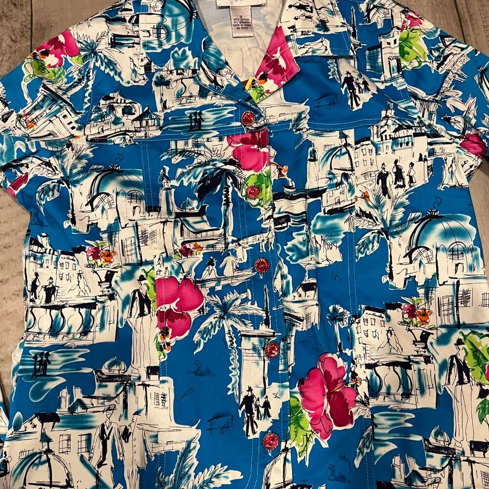 Susan Graver Women Blue Pink Tropical City Scape Collar Blouse Jacket 8 BE - Picture 2 of 9